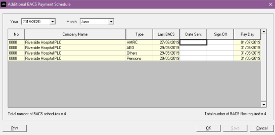 Screen showing BACS scehdules due in selected month 